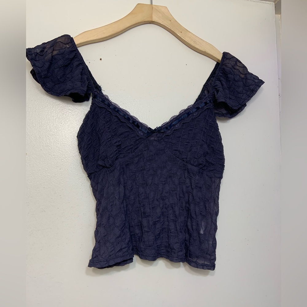 Navy Off-Shoulder Textured Crop Top